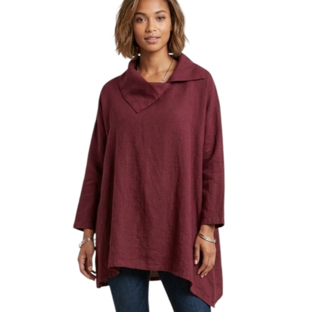 Kaliyana Linen Tunic Top Women Small Medium Burgundy Asymmetrical Lagenlook
